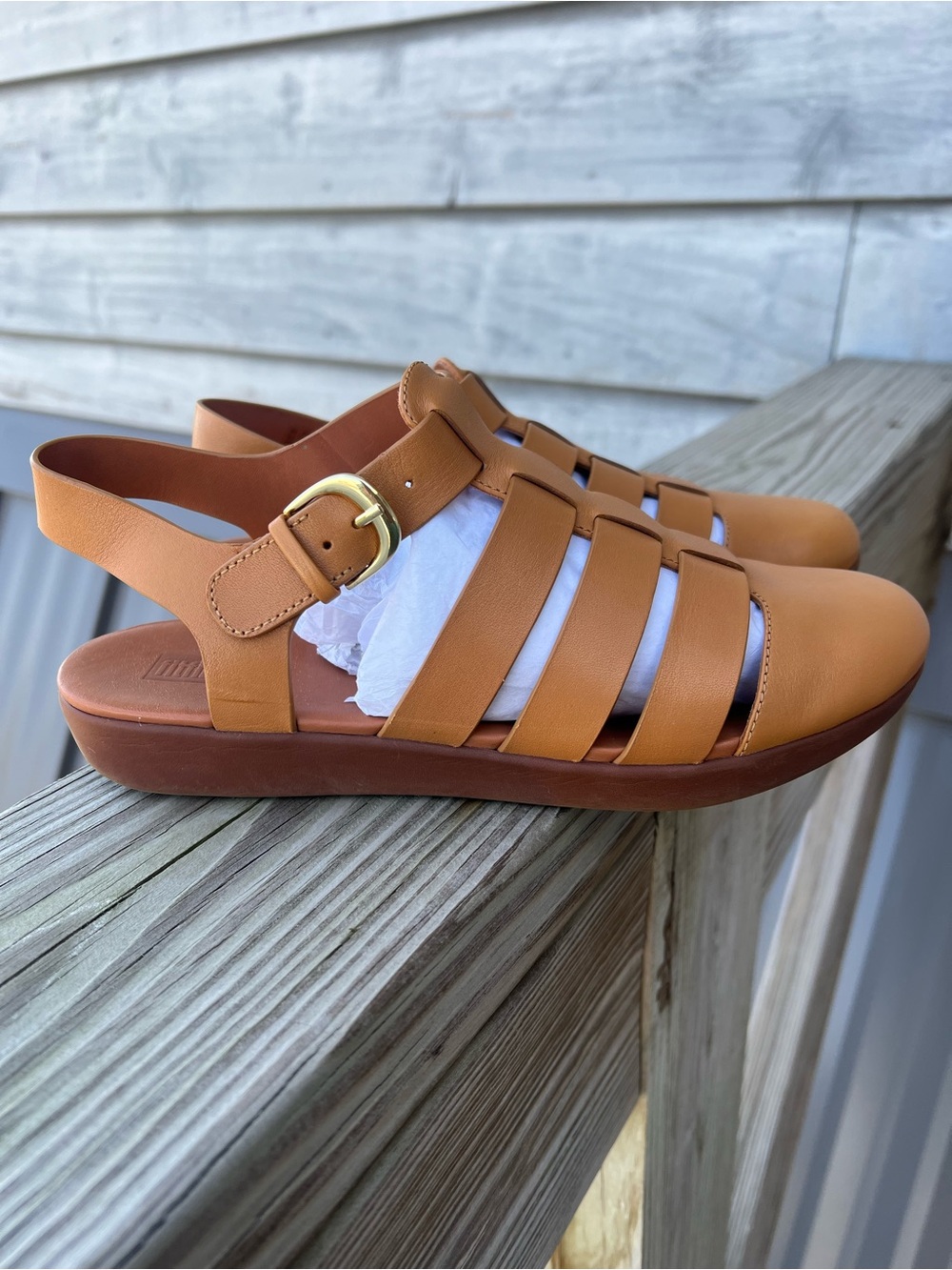 Fit Flop Leather Sandals Tan Side Buckle Womens Size 8 Minimalist